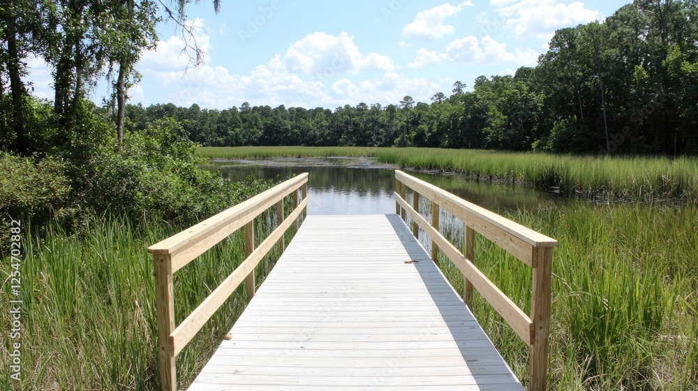Tranquil wooden dock over calm marsh waterway Tranquil wooden dock over calm marsh waterway