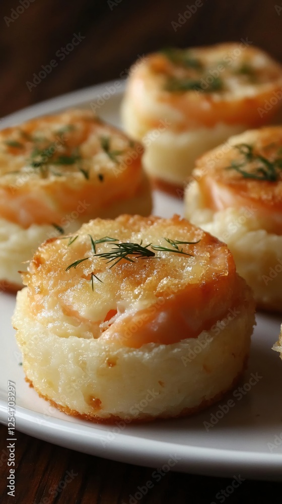 Salmon and potato cakes on a white plate with dill garnish on a dark wooden table Salmon and potato cakes on a white plate with dill garnish on a dark wooden table