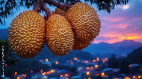 Durian fruit clusters on branch at sunset over village photo