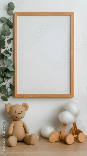 Cute Nursery Mockup  Wooden Frame, Teddy Bear, Toy