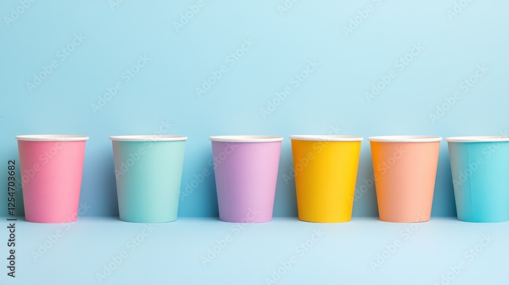 Colorful paper cups on blue background; party supplies (1) Colorful paper cups on blue background; party supplies (1)