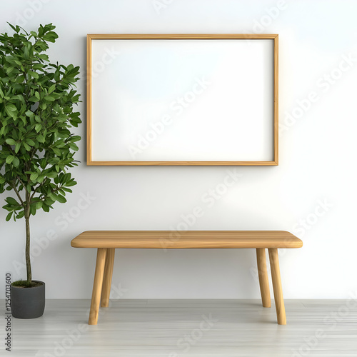 Minimalist 3D Room Illustration: Wooden Table, Plant, Blank Frame
