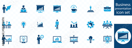 Business presentation icon set. Containing seminar, sales presentation, keynote, meeting, whiteboard, conference and business plan icons. 