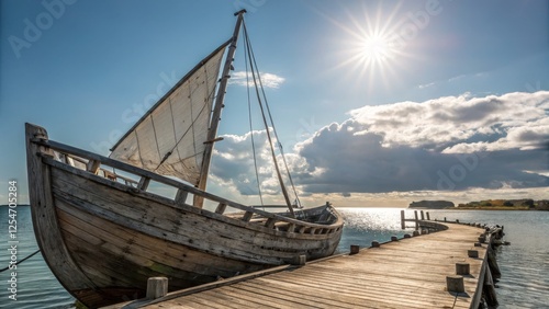 Ancient Wooden Sailing Vessel at Dock Sunny Seascape