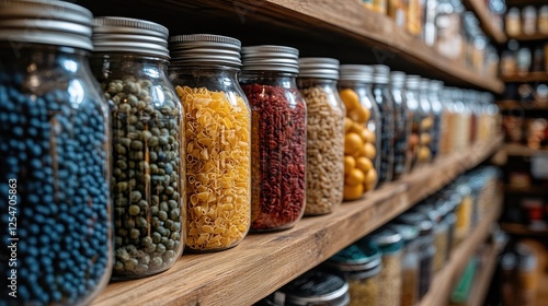 Colorful assortment of grains and legumes in jars on wooden shelves in a vibrant store