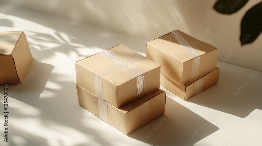 Fototapeta premium Cardboard boxes sunlight interior packaging