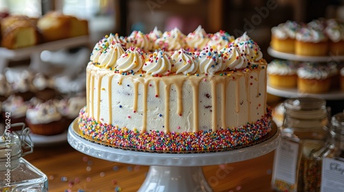 A beautifully decorated cake with sprinkles and frosting, surrounded by cupcakes in a cozy bakery