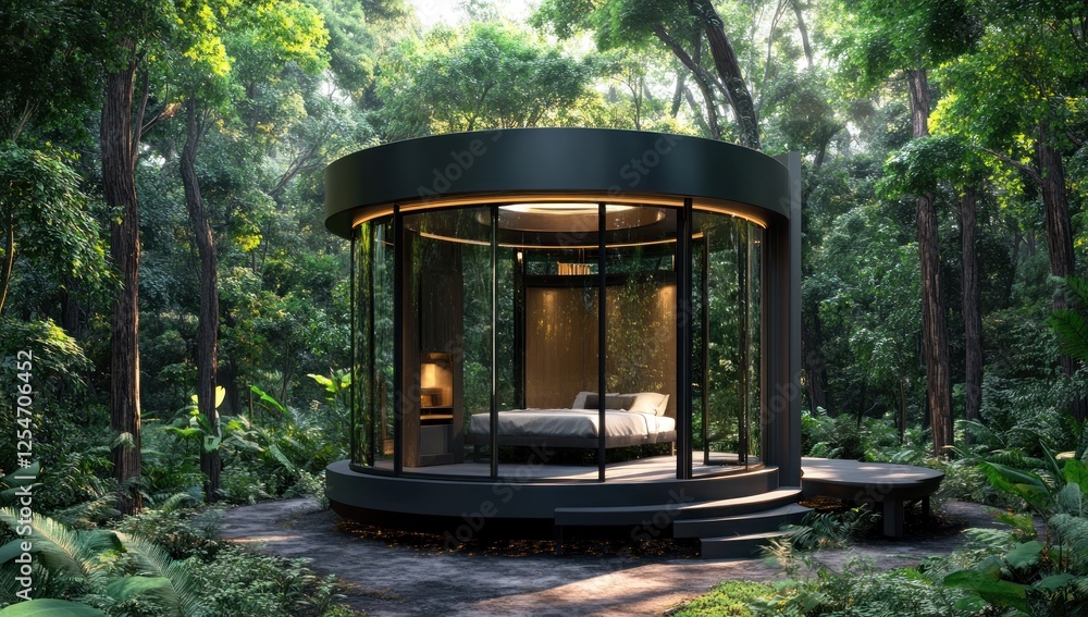 Fototapeta premium Secluded Glass Cabin in Lush Forest