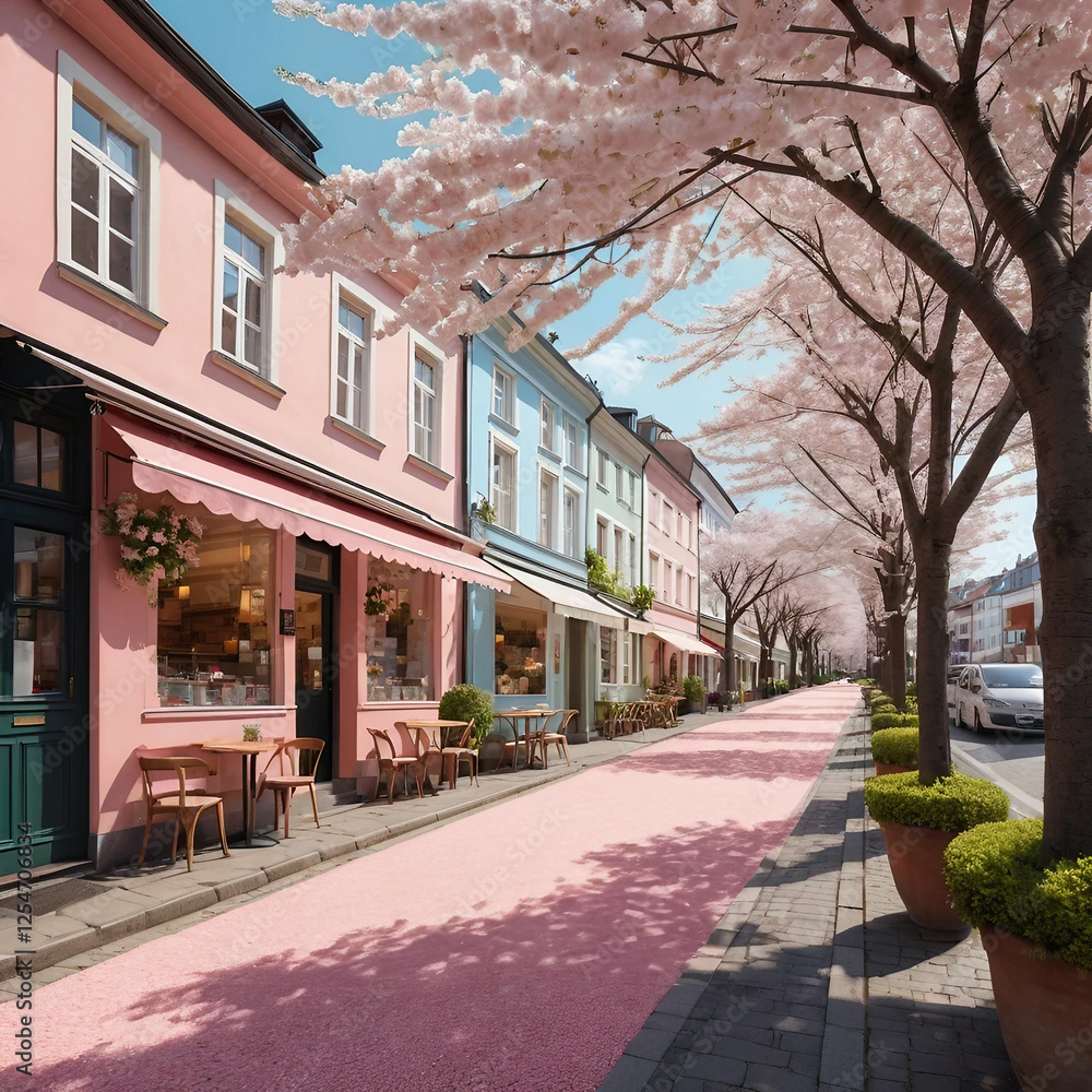 Fototapeta premium Street cafe. Trendy spring landscape. Quiet city street with blooming pink trees.