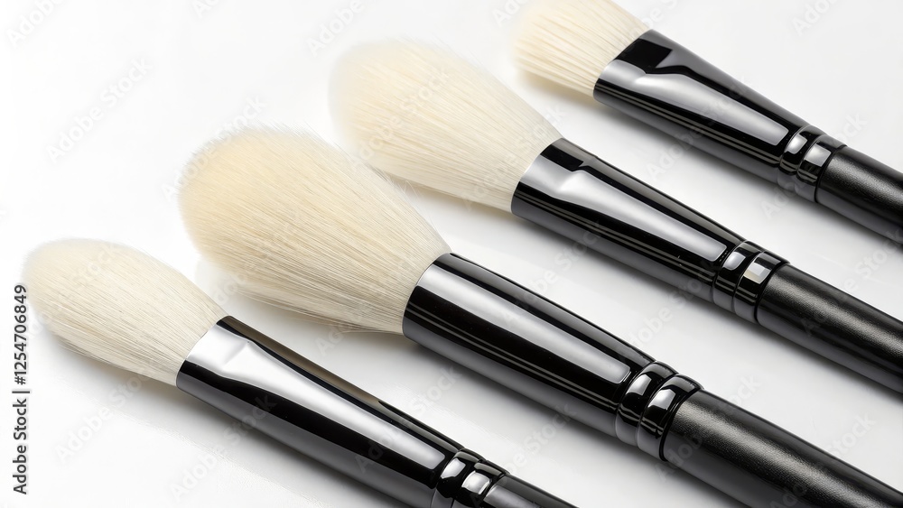 Four Angled and Round Makeup Brushes Black Handles, White Goat Hair Bristles Four Angled and Round Makeup Brushes Black Handles, White Goat Hair Bristles