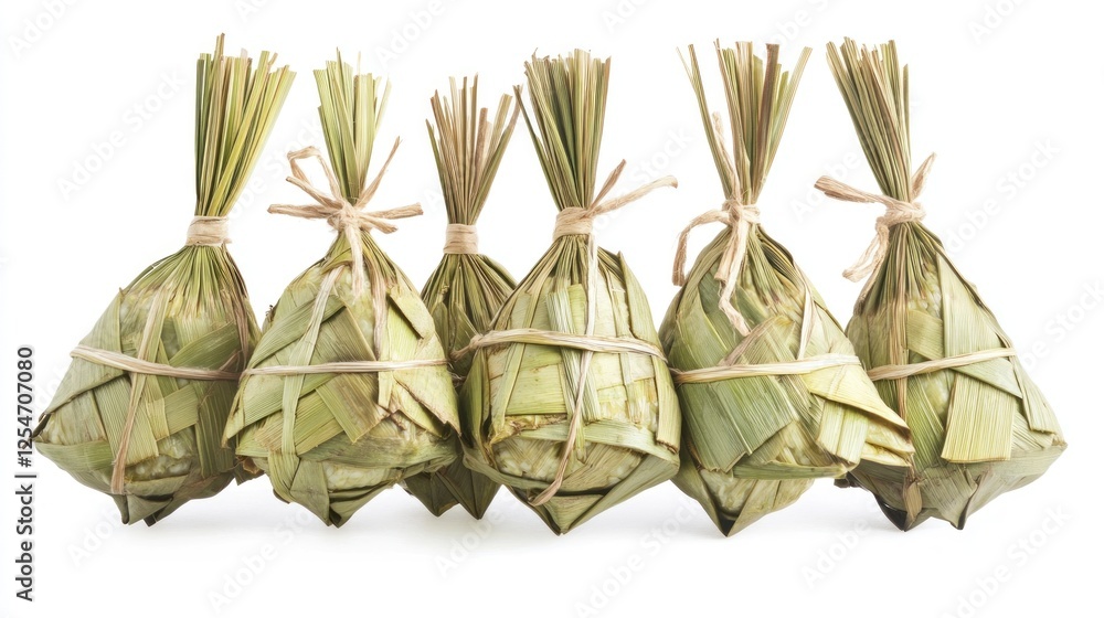 Naklejka premium Five rice dumplings tied with straw, white background, food packaging