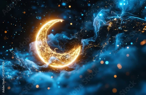 Glowing crescent moon amidst swirling cosmic clouds and sparkling stars at night