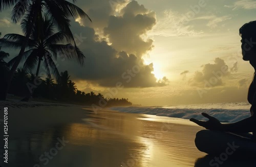 Serene sunset meditation on a tranquil beach with gentle waves and palm trees in the background
