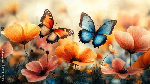 Vibrant butterflies fluttering among colorful flowers in a serene garden setting at sunset