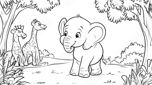 Coloring page, baby elephant, giraffes, jungle, children's book, educational, printable, black and white photo