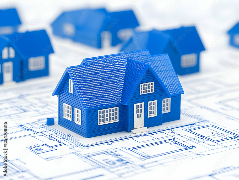 Blue House Model on Architectural Plans Blue House Model on Architectural Plans