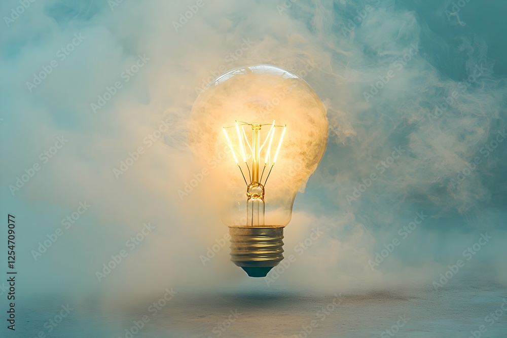 Glowing lightbulb, smoky background, idea concept Glowing lightbulb, smoky background, idea concept