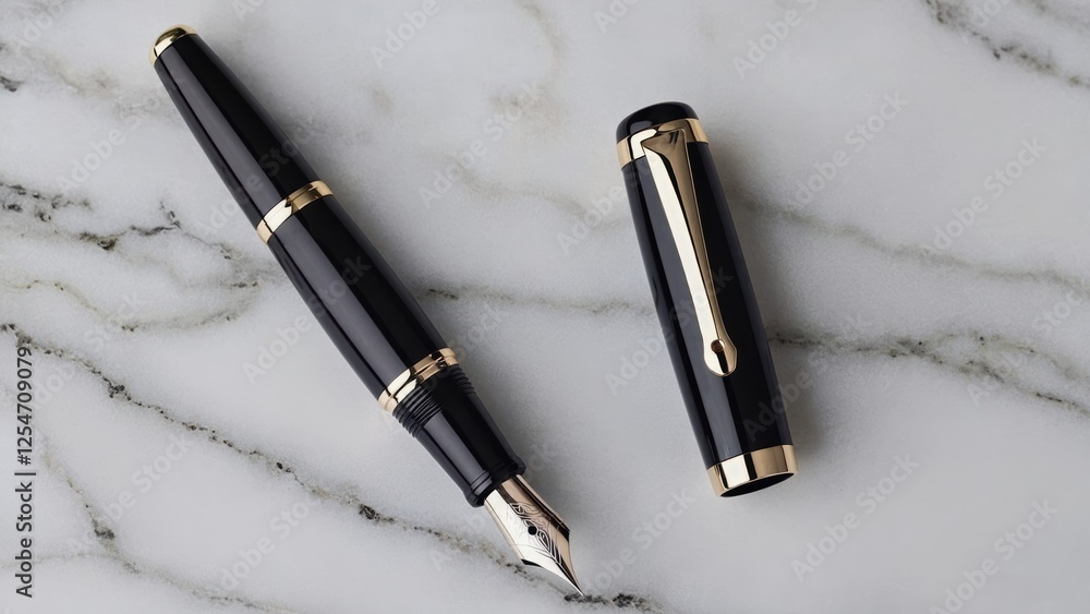 Fototapeta premium Black fountain pen and cap on marble surface