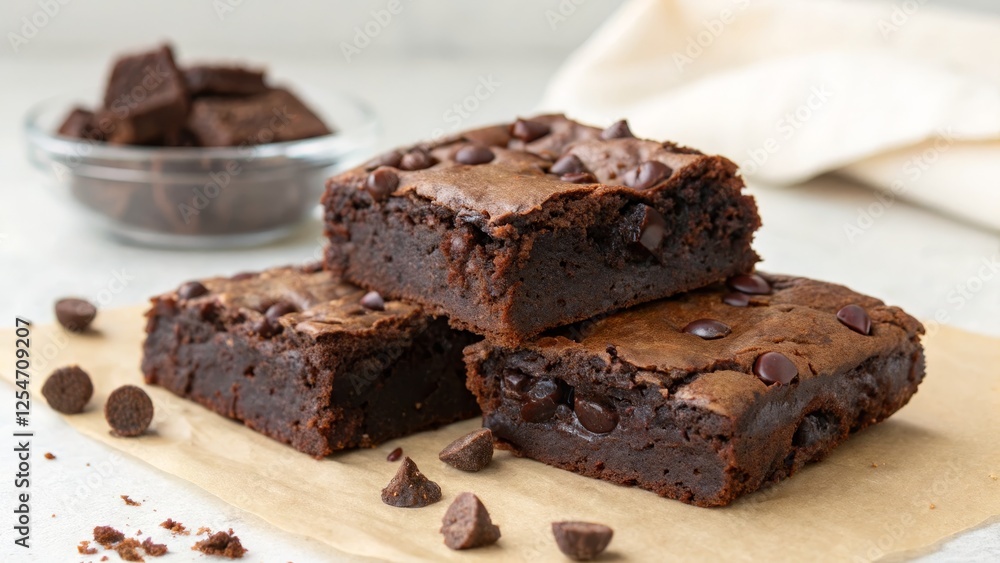 Stacked Chocolate Chip Brownies Fudgy Texture, Close-up Photography, Dessert Concept, baking, recipe chocolate, brownie Stacked Chocolate Chip Brownies Fudgy Texture, Close-up Photography, Dessert Concept, baking, recipe chocolate, brownie