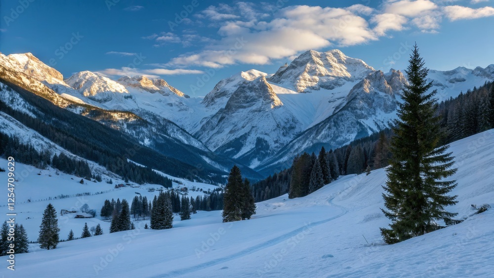 Sunrise in the Snowy Alps Valley, Coniferous Trees, Majestic Peaks Sunrise in the Snowy Alps Valley, Coniferous Trees, Majestic Peaks