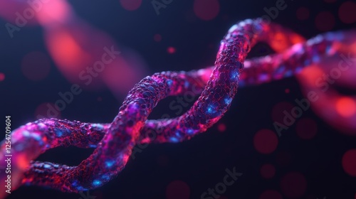 A vibrant, abstract depiction of a twisted strand, illuminated with pink and blue hues against a dark background, suggesting themes of genetics or molecular structures.