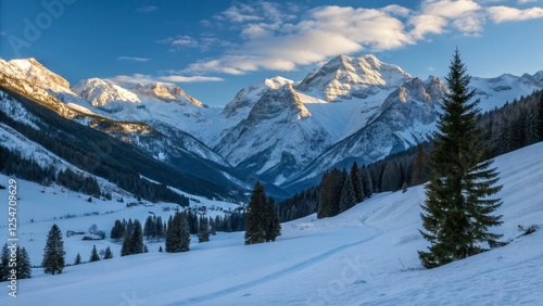 Wallpaper Mural Sunrise in the Snowy Alps Valley, Coniferous Trees, Majestic Peaks Torontodigital.ca