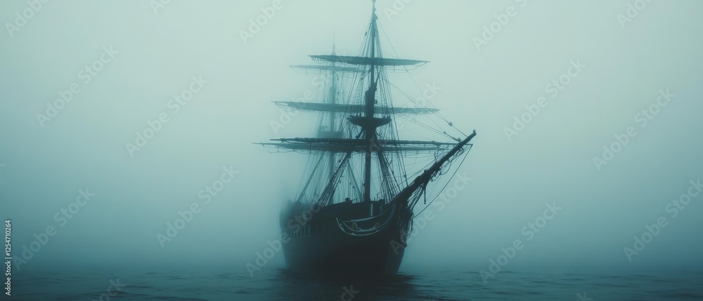 Fototapeta premium A ghostly ship with towering masts emerges from the fog, shrouded in mystery and maritime lore on an endless, mist-covered ocean.