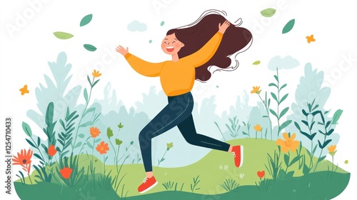 Happy woman running in a blooming meadow.