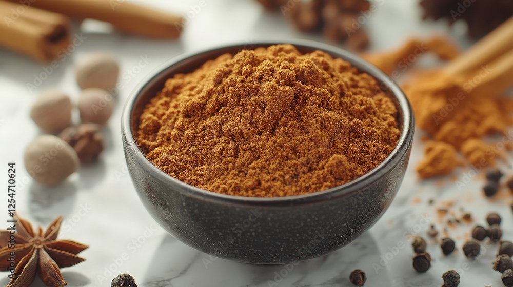 A bowl of ground spices, showcasing a rich, earthy texture, ideal for cooking and baking. A bowl of ground spices, showcasing a rich, earthy texture, ideal for cooking and baking.
