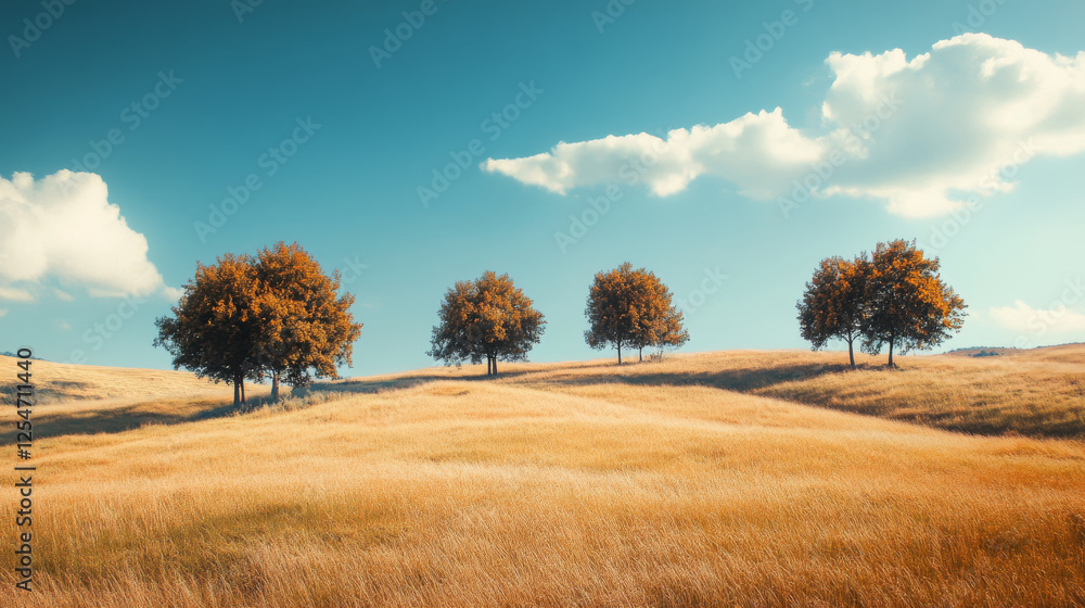 Fototapeta premium Five trees on golden field under blue sky with clouds