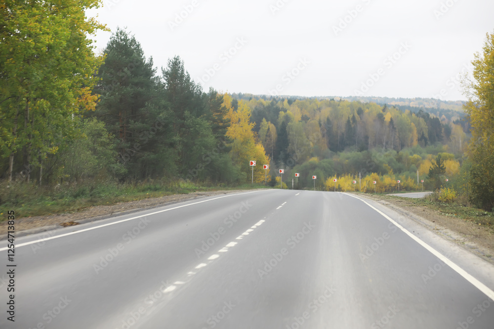 Empty Scenic Road Through Forest in Autumn with Foliage and Overcast Sky Empty Scenic Road Through Forest in Autumn with Foliage and Overcast Sky