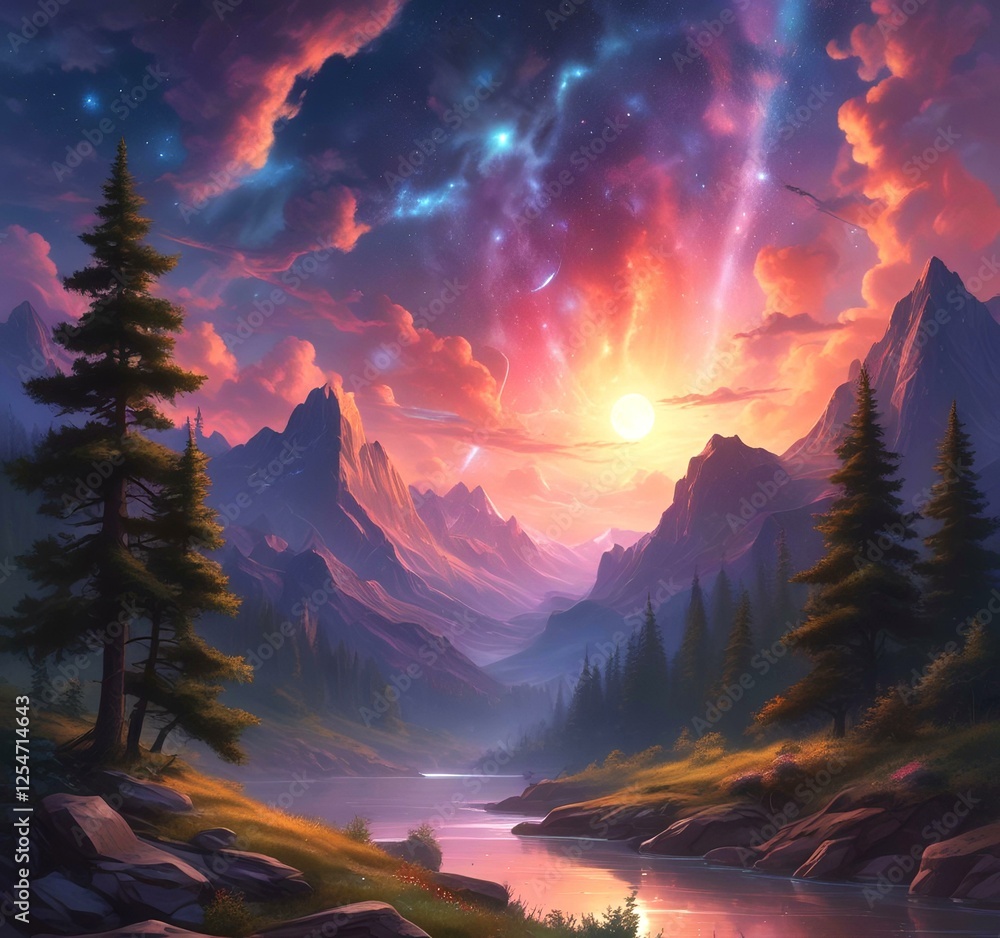 Naklejka premium Illustration of landscape with starry sky.