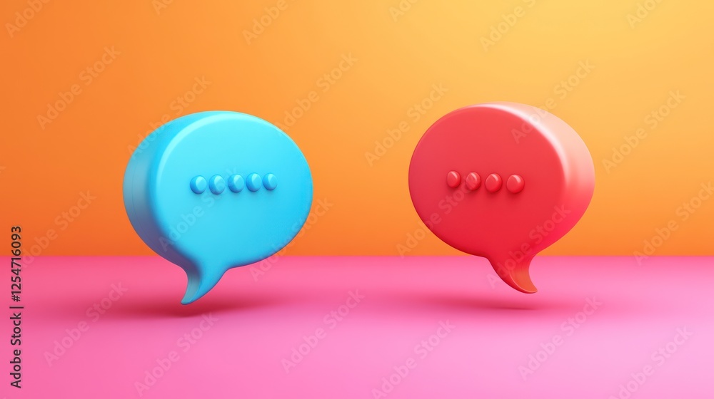 3D rendering of two speech bubbles, blue and red, on a pink background. 3D rendering of two speech bubbles, blue and red, on a pink background.