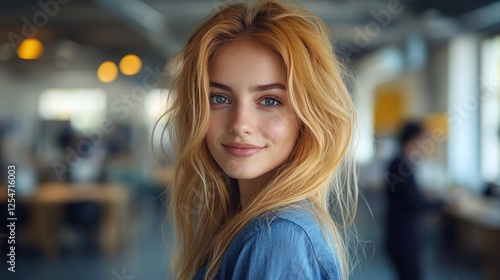 Free Download Golden hair businesswoman wearing blue smart-casual smiling at office activity - GFXLoad
