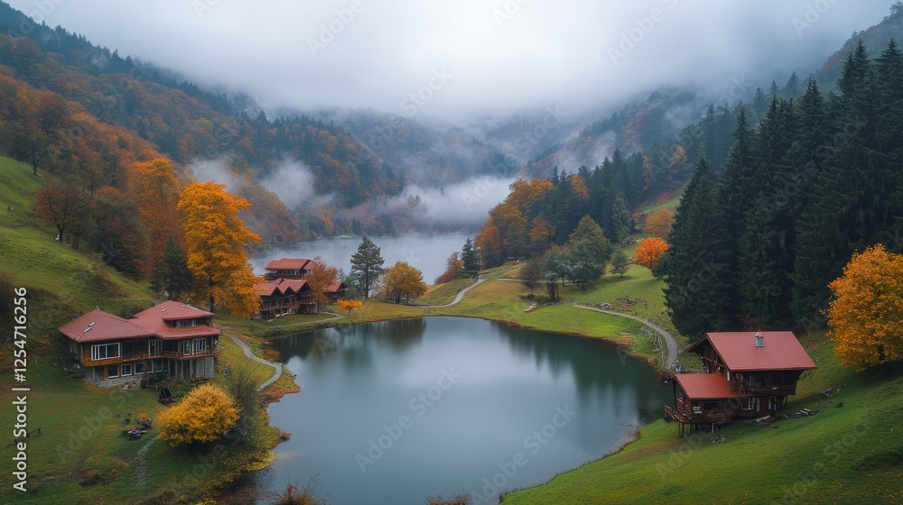 Fototapeta premium Morning evaporation of water over the lake - Amazing autumn landscape with Karagol (Black lake) - A popular destination Black Sea, Savsat, Artvin