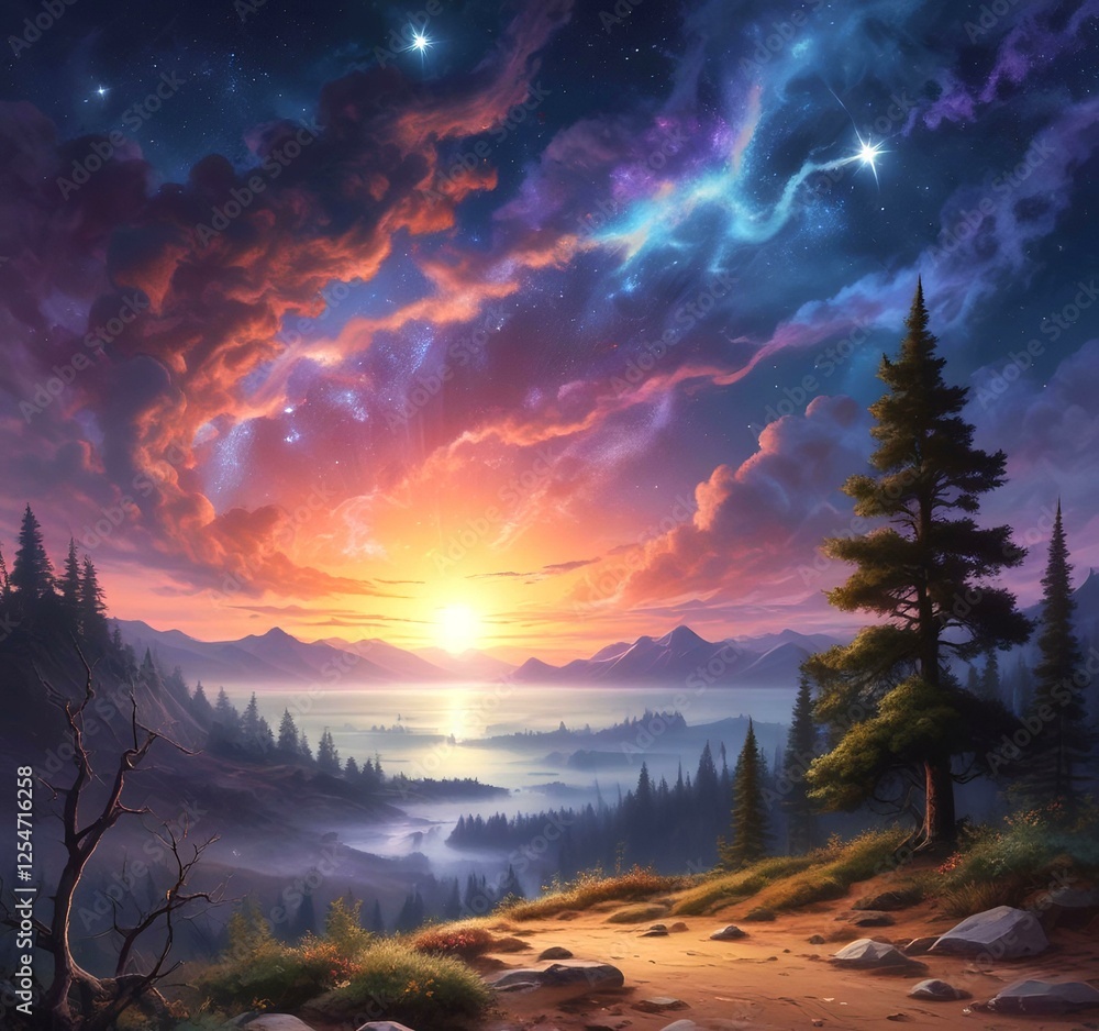 Fototapeta premium Illustration of landscape with starry sky.