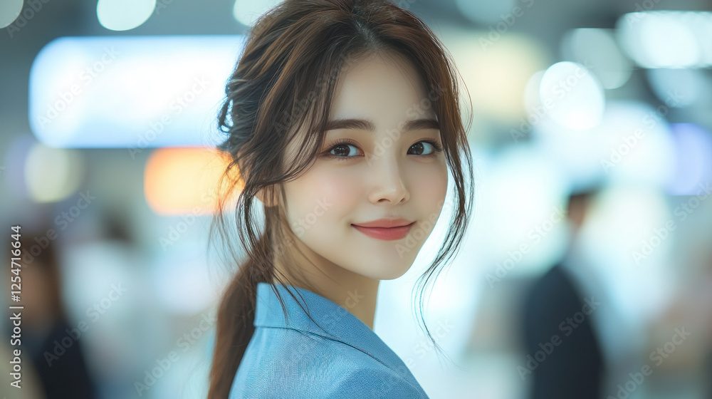 Fototapeta premium Korean businesswoman wearing blue smart-casual smiling at office activity