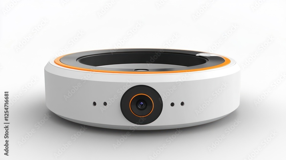 Fototapeta premium White circular webcam with orange accents on white background.