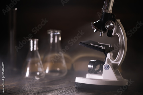 Obraz na plátne Vintage Microscope with Laboratory Glassware on Wooden Table in Science Lab