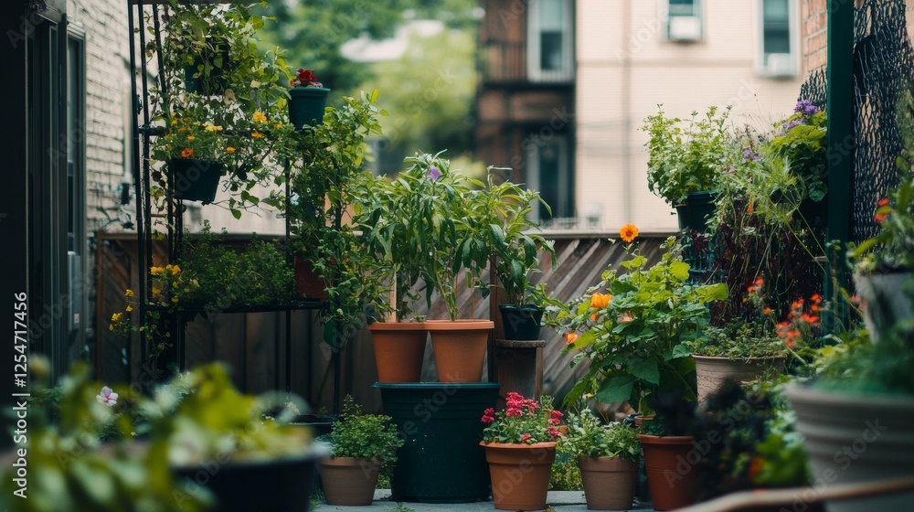 Fototapeta premium Urban garden filled with thriving plants in cozy outdoor space on a sunny day