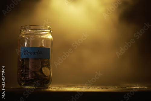 Donation Jar Filled with Coins Against Warm Golden Background - Symbol of Generosity and Charity photo