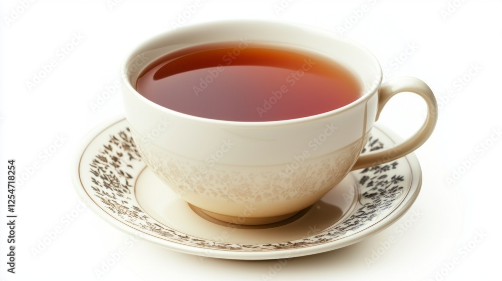 A beautifully designed antique tea cup brimming with rich black tea sits elegantly on a matching saucer. The soft light enhances the intricate patterns on the ceramics A beautifully designed antique tea cup brimming with rich black tea sits elegantly on a matching saucer. The soft light enhances the intricate patterns on the ceramics