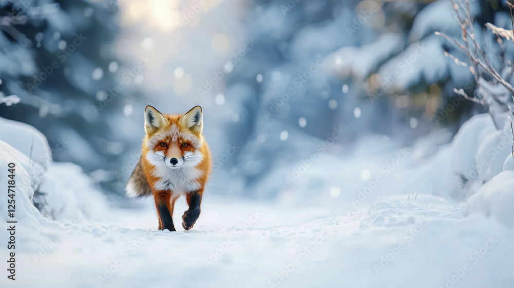 red fox walking through snowy forest, surrounded by falling snowflakes, creating serene winter scene red fox walking through snowy forest, surrounded by falling snowflakes, creating serene winter scene