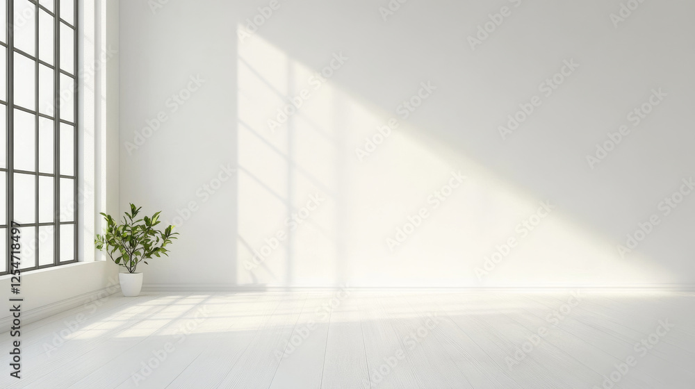 Fototapeta premium Minimalist room with large window and potted plant casting shadows