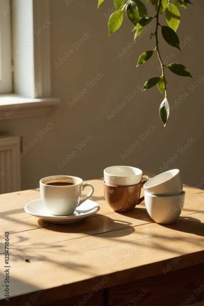 Morning Sunlight Illuminates a Wooden Table with Coffee Cups and Hanging Greenery Morning Sunlight Illuminates a Wooden Table with Coffee Cups and Hanging Greenery