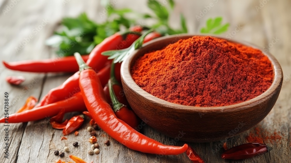 A bowl of red chili powder surrounded by fresh chilies and herbs on a wooden surface. A bowl of red chili powder surrounded by fresh chilies and herbs on a wooden surface.