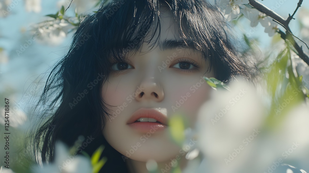 Fototapeta premium A Woman's Face Hidden Amongst Blossoms
