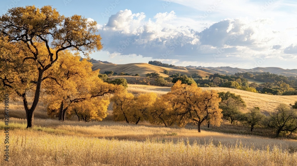 Autumn countryside with golden trees and rolling hills under bright skies Autumn countryside with golden trees and rolling hills under bright skies