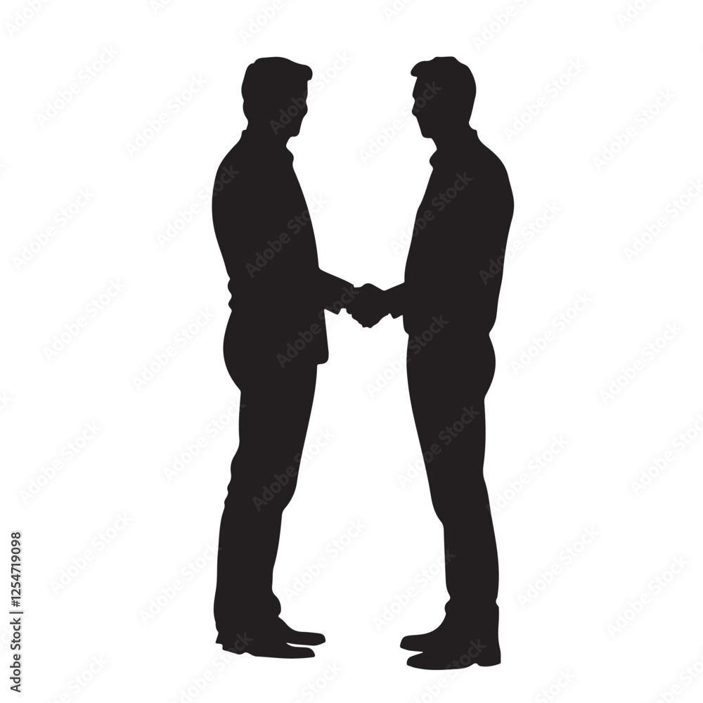 Silhouette of Two Men Standing and Shaking Hands - Vector Illustration