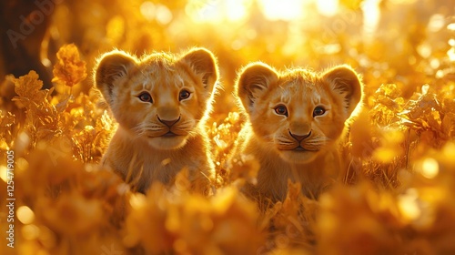 Two playful lion cubs sitting in a vibrant golden flower field during sunset, exuding joy